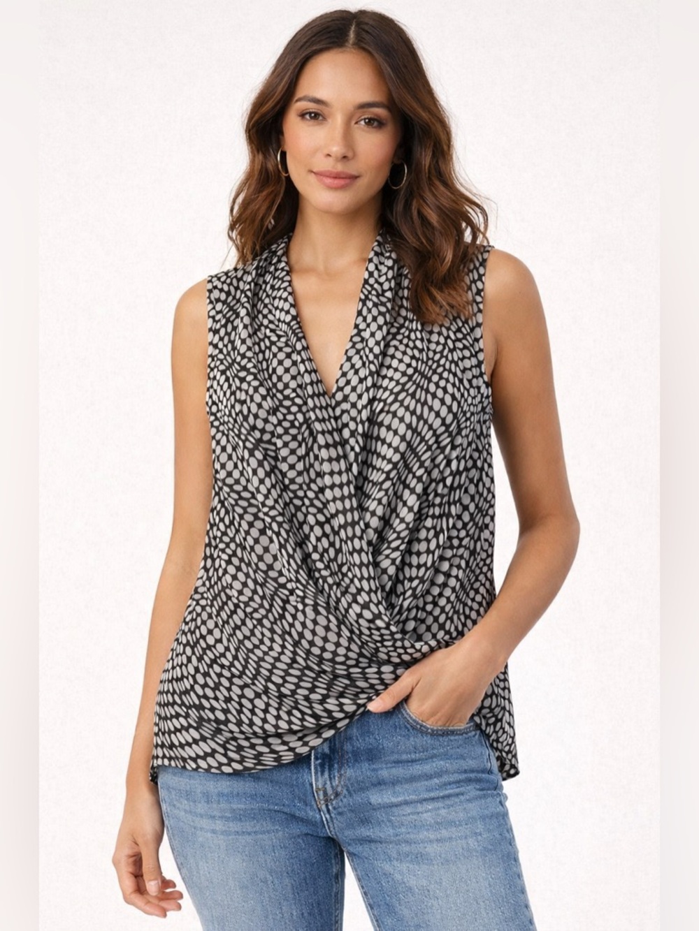 NWT Kut from the Kloth Polka Dot Blouse Sz M Sleeveless Draped